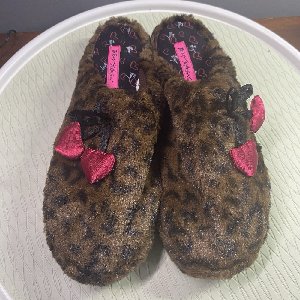 NWOB Betsey Johnson Womens Brown Leopard  Print Slippers Sz. XL-11-12 Valentines